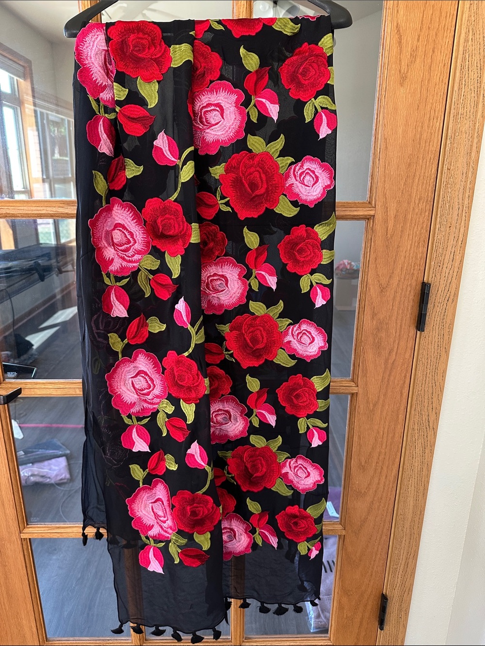 Women’s Silk Shaw with Red & Pink Floral Embroidery & small tassles